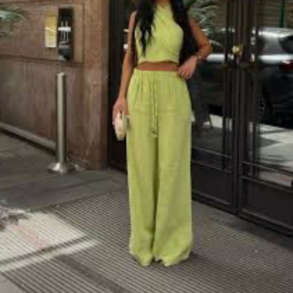 Cross-Front Halter Crop Top & Wide-Leg Pants Set - Lime Green